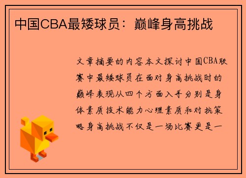 中国CBA最矮球员：巅峰身高挑战